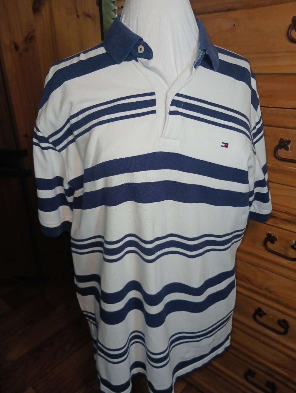 Tommy Hilfiger White and Navy Striped Polo Shirt XL